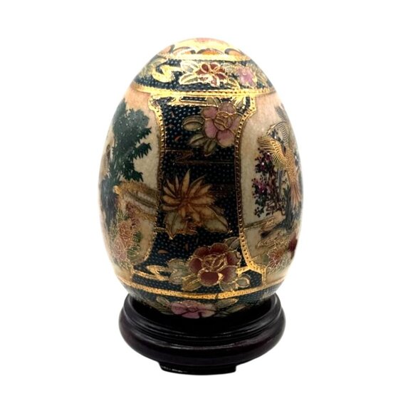 Vintage Satsuma Hand Painted Porcelain Egg Peacock & Floral Gilded 5" - Picture 3 of 7